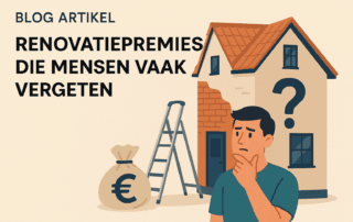 Illustratie van een man die twijfelend voor een half gerenoveerd huis staat met een grote vraagteken, een ladder en een geldzak met euroteken – verwijzend naar vergeten renovatiepremies.